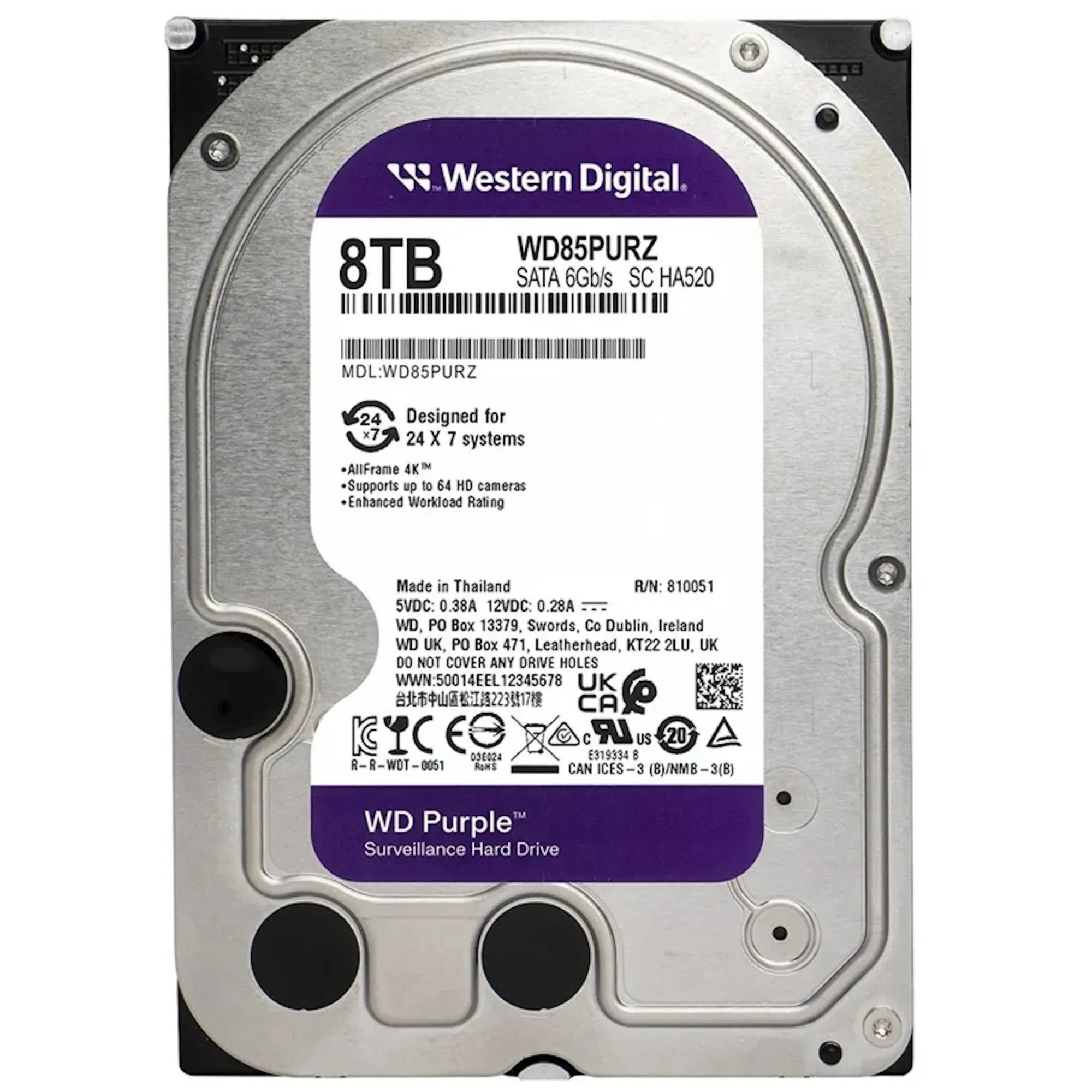 HDD Video Surveillance WD Purple 8TB CMR, 3.5'', 256MB, 5640 RPM, SATA, TBW: 180 — фото 2
