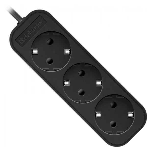 Удлинитель Defender с заземлением M350 5 м, 3 розетки черный — купить в Lirotech