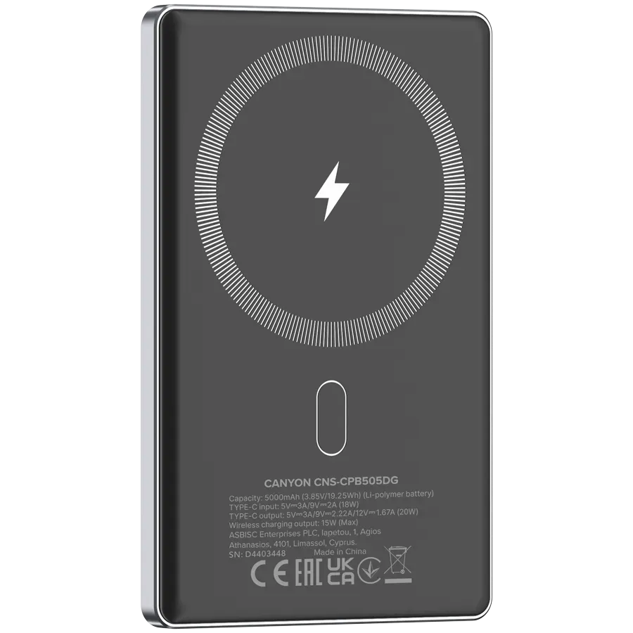 CANYON power bank OnPower 505 slim Magnetic 5000 mAh PD20W Dark Grey — фото 4