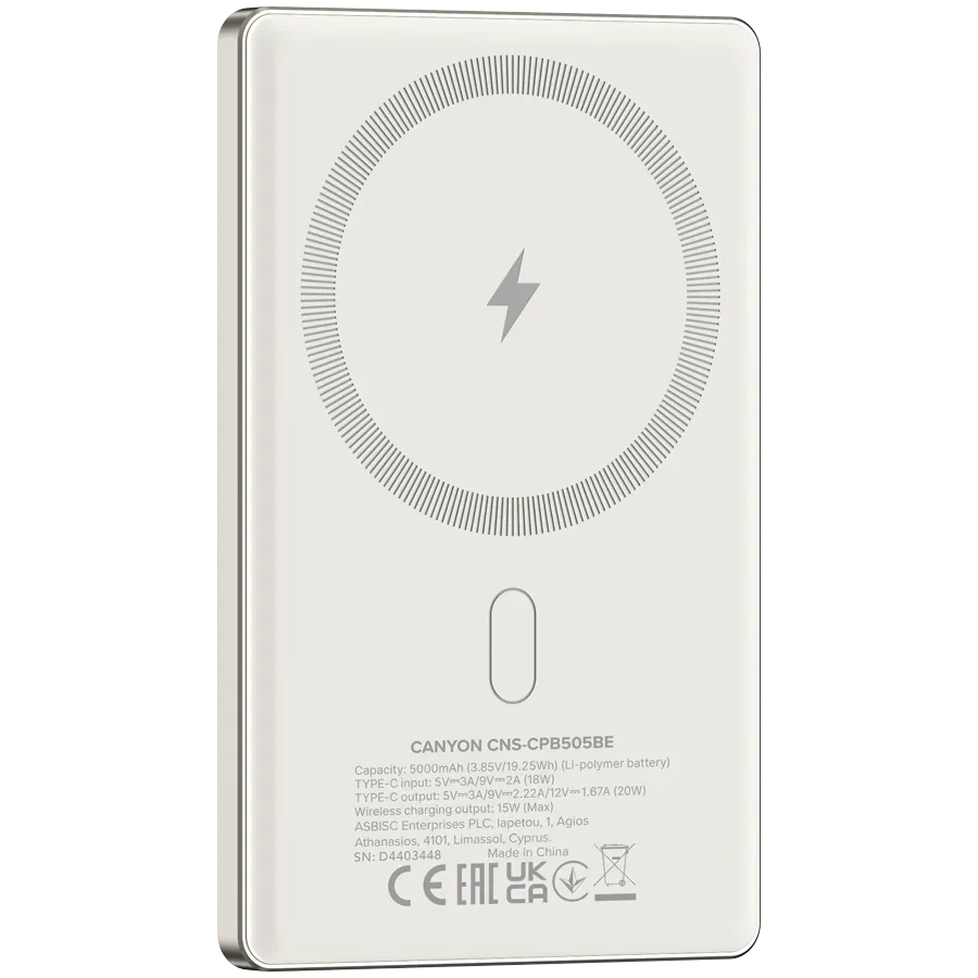 CANYON power bank OnPower 505 slim Magnetic 5000 mAh PD20W Beige — фото 4