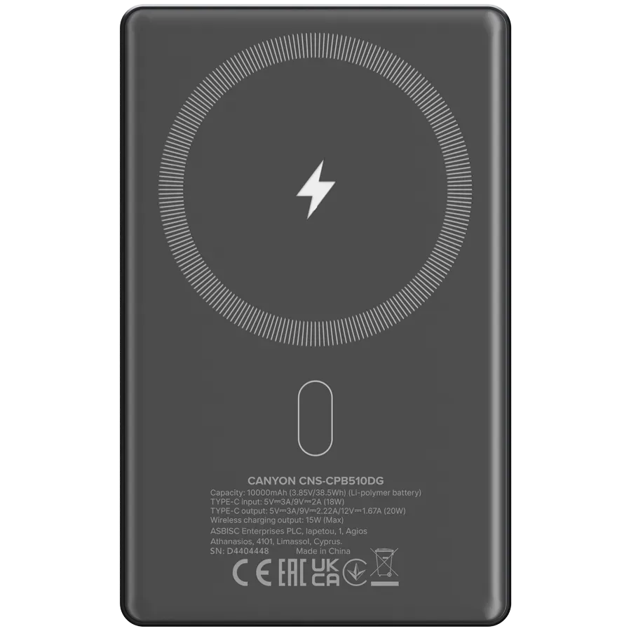 CANYON power bank OnPower 510 slim Magnetic 10000 mAh PD20W Dark Grey — фото 3