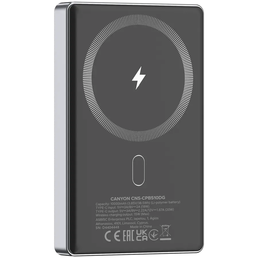 CANYON power bank OnPower 510 slim Magnetic 10000 mAh PD20W Dark Grey — фото 4