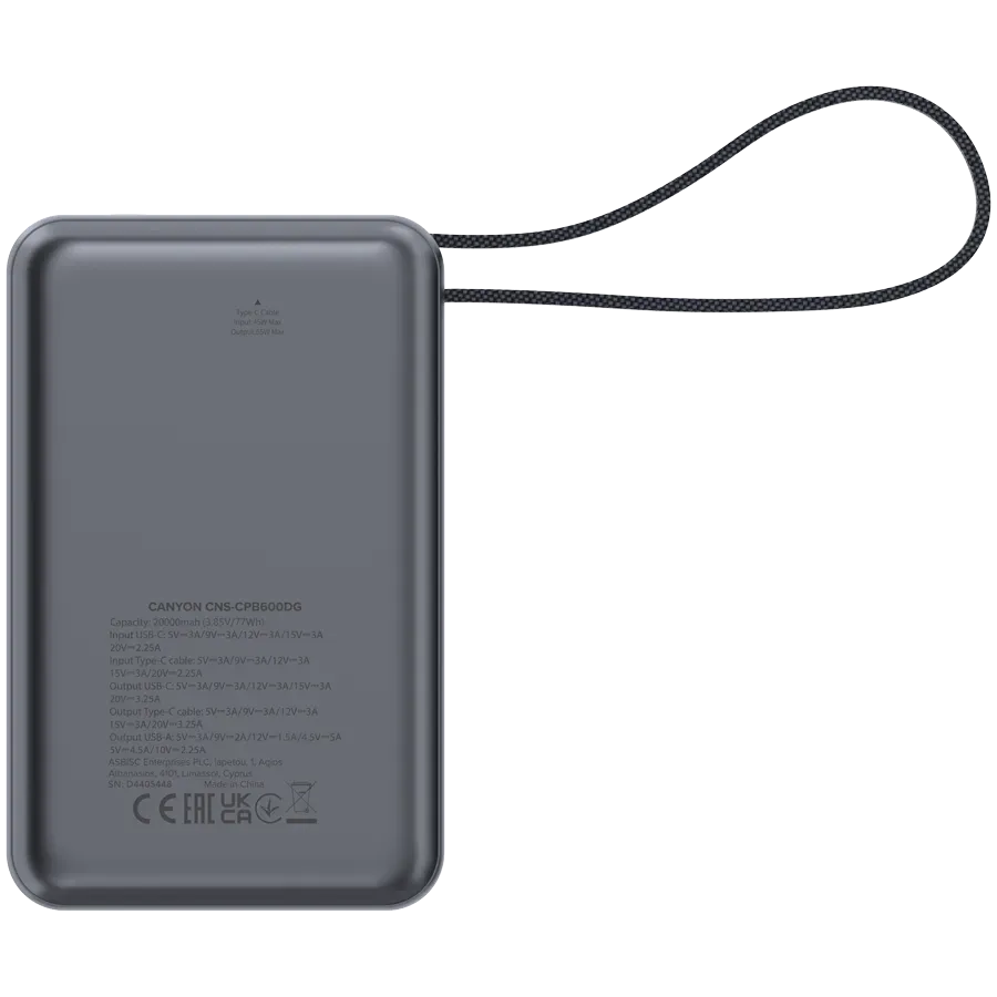CANYON power bank OnPower 600 built-in cable 20000 mAh PD65W Dark Grey — фото 5