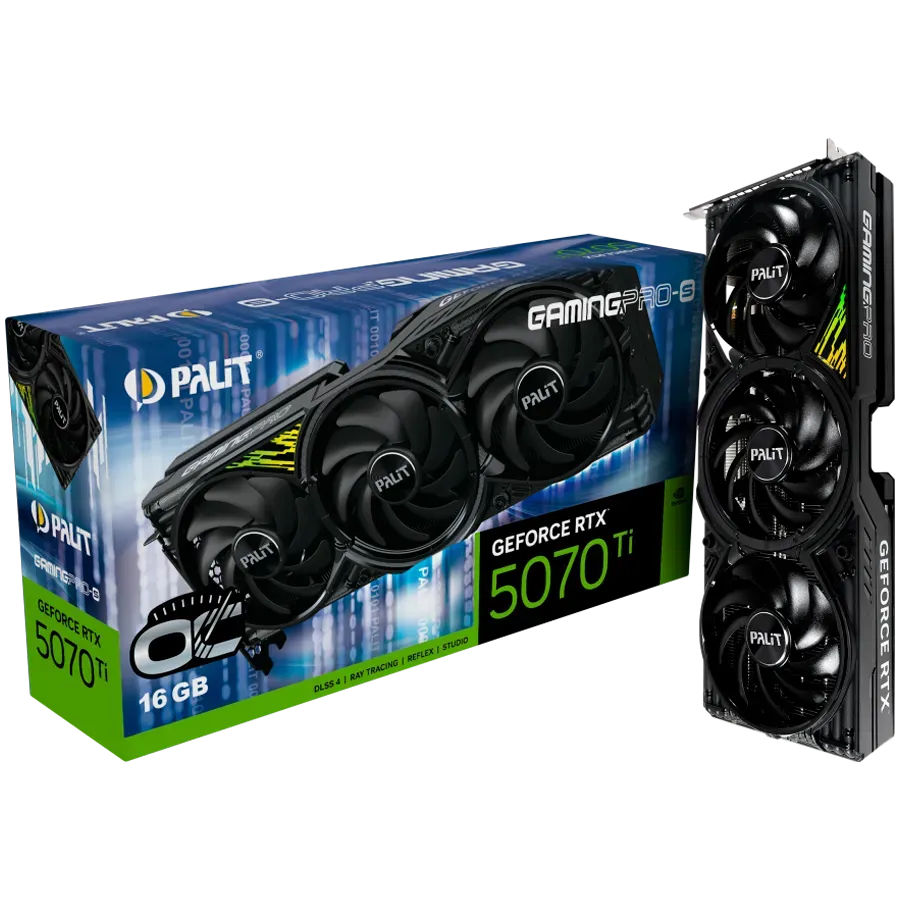 PALIT GeForce RTX 5070 Ti GamingPro-S OC 16GB GDDR7 256 bit, 1x HDMI 2.1b, 3x DP 2.1b, 3 Fan, 1x 16-pin pwr connector, 750W, 331.9 x 127.1 x 49.7 mm, NE7507TS19T2-GB2031U — фото 1