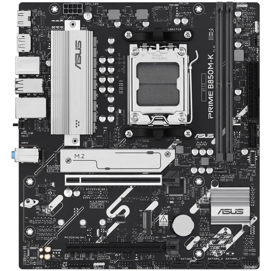 ASUS Main Board Desktop Socket AM5 AMD B850 Chipset 2 x DIMM slots, max. 128GB, DDR5 1 x DisplayPort 1 x HDMI 2 x M.2 4 x SATA micro-ATX Form Factor — фото 1