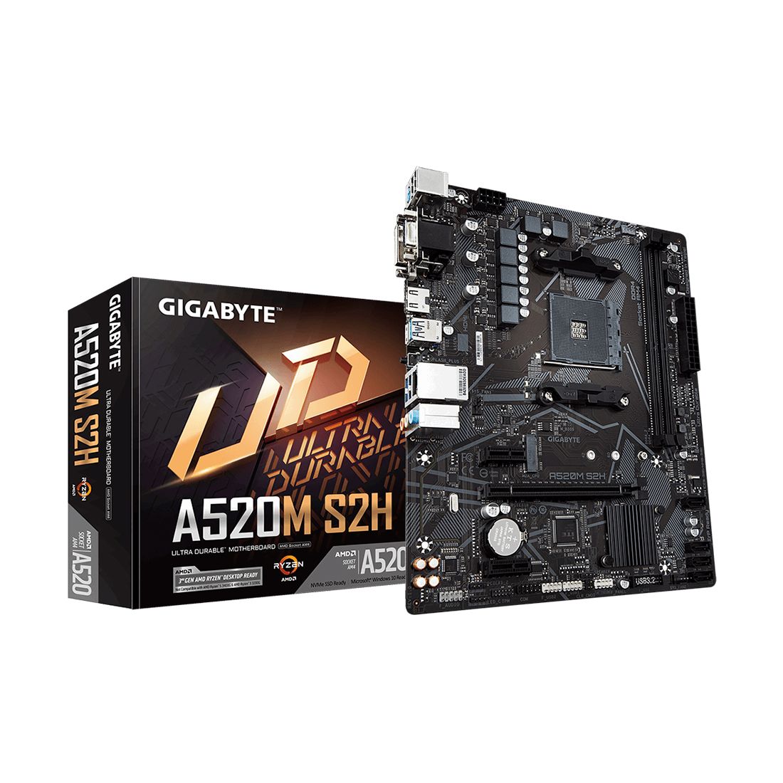 Материнская плата, Gigabyte, A520M S2H (4719331809720), AM4, А520, 2xDDR4 2133/2400/2667/3200/5100(OC), 4xSATA3, 1xM.2 (PCIe 3.0 x2/x4 и SATA), 1xDVI-D, 1xHDMI, 1xD-Sub, 1xPCI-Ex16, 2xPCI-Ex1, mATX — DDR4 — купить в Lirotech