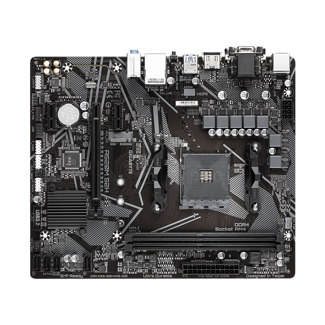 Материнская плата, Gigabyte, A520M S2H (4719331809720), AM4, А520, 2xDDR4 2133/2400/2667/3200/5100(OC), 4xSATA3, 1xM.2 (PCIe 3.0 x2/x4 и SATA), 1xDVI-D, 1xHDMI, 1xD-Sub, 1xPCI-Ex16, 2xPCI-Ex1, mATX — фото 2