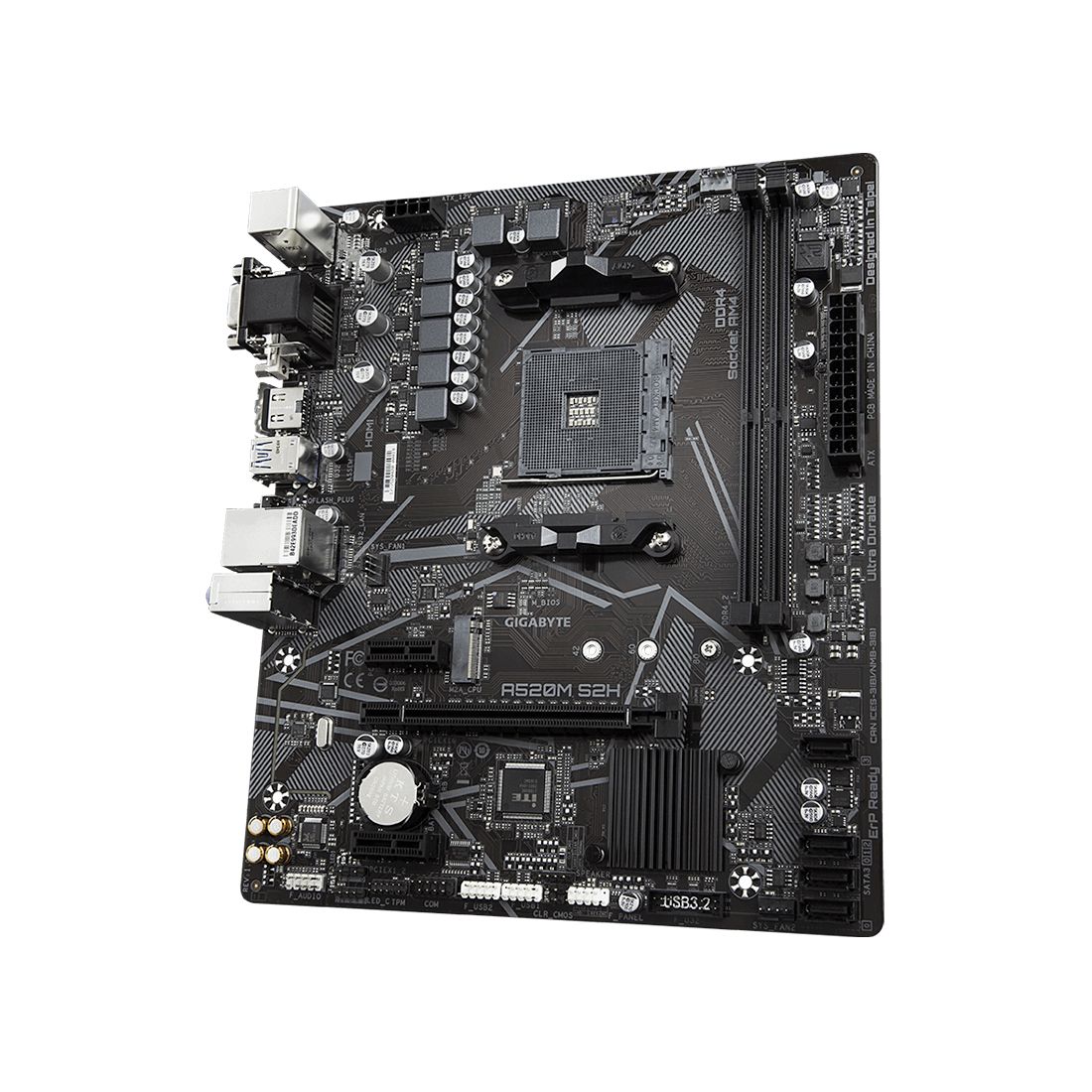 Материнская плата, Gigabyte, A520M S2H (4719331809720), AM4, А520, 2xDDR4 2133/2400/2667/3200/5100(OC), 4xSATA3, 1xM.2 (PCIe 3.0 x2/x4 и SATA), 1xDVI-D, 1xHDMI, 1xD-Sub, 1xPCI-Ex16, 2xPCI-Ex1, mATX — фото 3