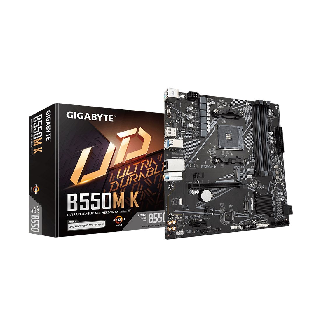 Материнская плата, Gigabyte, B550M K (4719331852764), AM4, B550, 4xDDR4 2400/2667/3200, 4xSATA3, 2xM.2 (1*PCIe 4.0 x4/x2 и SATA, 1*PCIe 3.0 x2), 1xHDMI, 1хDP, 1xPCI-Ex16, 1xPCI-Ex1, mATX — фото 1