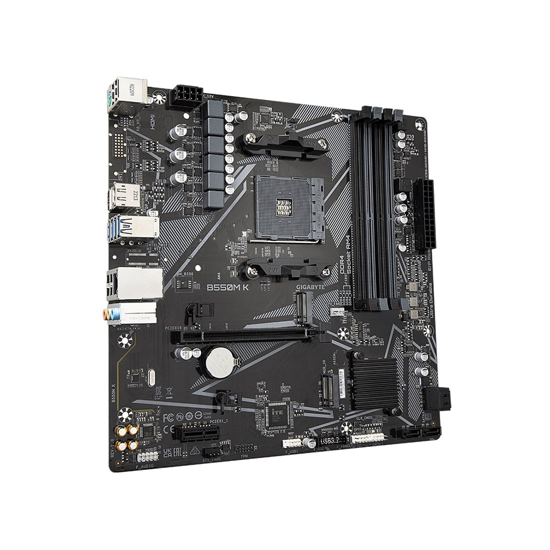 Материнская плата, Gigabyte, B550M K (4719331852764), AM4, B550, 4xDDR4 2400/2667/3200, 4xSATA3, 2xM.2 (1*PCIe 4.0 x4/x2 и SATA, 1*PCIe 3.0 x2), 1xHDMI, 1хDP, 1xPCI-Ex16, 1xPCI-Ex1, mATX — фото 3