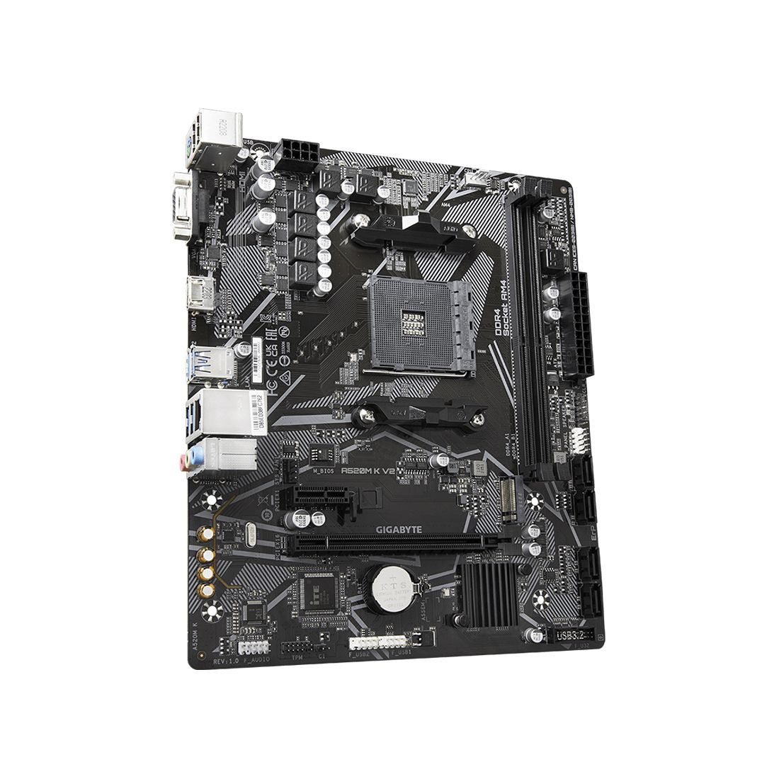 Материнская плата, Gigabyte, A520M K V2 (4719331852771), AM4, А520, 2xDDR4 2133/2400/2667/3200/5100(OC), 4xSATA3, 1xM.2 (PCIe 3.0 x4/x2 and SATA), Raid, 1xD-Sub, 1xHDMI, 1xPCI-Ex16, 1xPCI-Ex1, mATX — фото 3