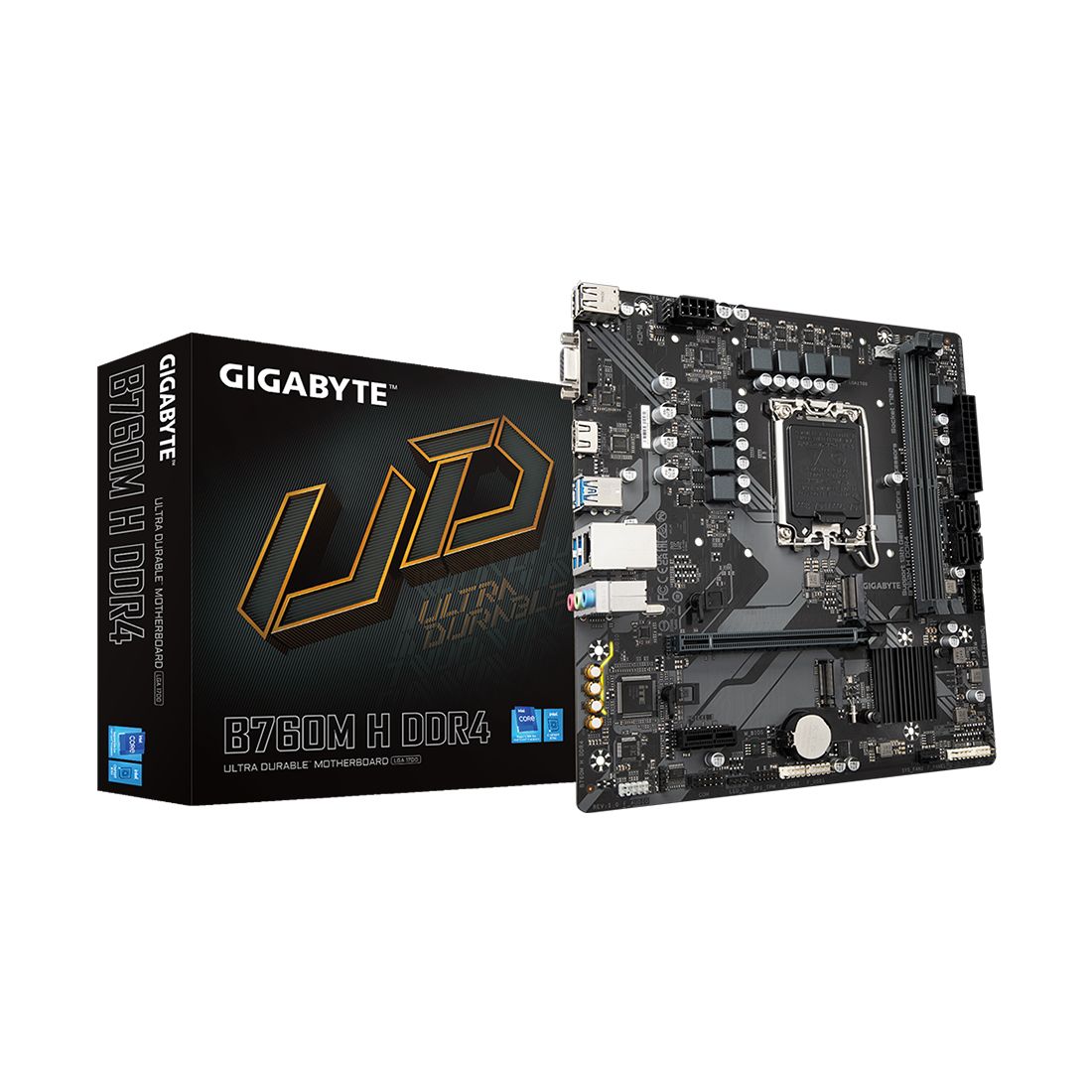 Материнская плата, Gigabyte, B760M H DDR4 (4719331854645), LGA1700, iB760, 2xDDR4 2666/2933/3000/3200, 4xSATA3, 2xM.2 (PCI-E 4.0x4/x2), Raid, 1xD-Sub, 1xHDMI, 1xPCI-Ex16, 1xPCI-Ex1, mATX — фото 1