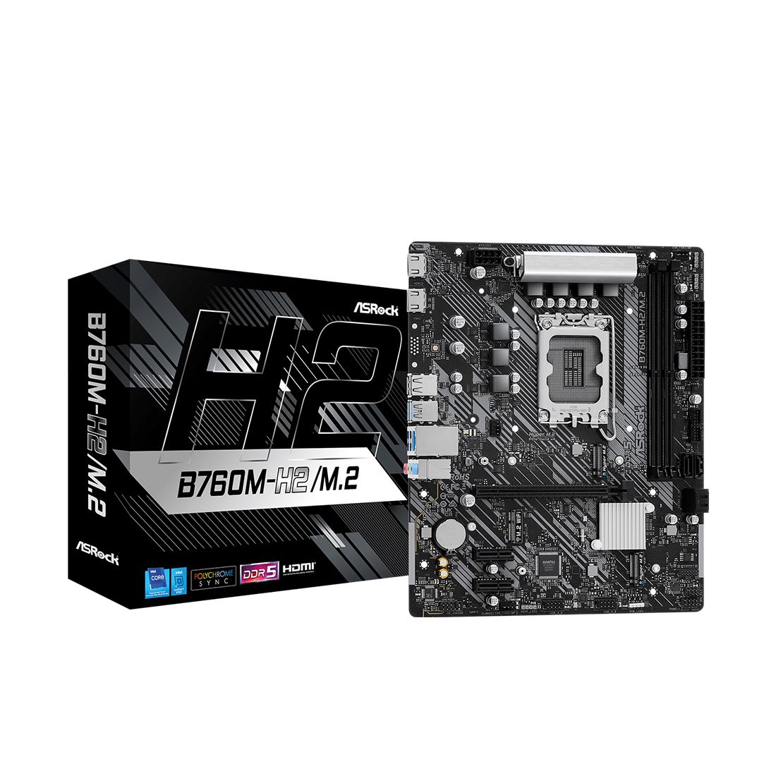 Материнская плата, ASRock, B760M-H2/M.2 (4710483944215), LGA1700, iB760, 2xDDR5 5200/5600/7200+(OC), 4xSATA3, 2xM.2 (PCI-E 4.0x4), Raid, 2xHDMI, 1xPCI-Ex16, 2xPCI-Ex1, mATX — фото 1