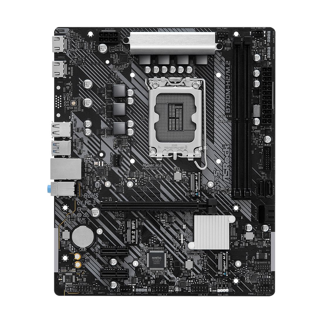 Материнская плата, ASRock, B760M-H2/M.2 (4710483944215), LGA1700, iB760, 2xDDR5 5200/5600/7200+(OC), 4xSATA3, 2xM.2 (PCI-E 4.0x4), Raid, 2xHDMI, 1xPCI-Ex16, 2xPCI-Ex1, mATX — фото 2