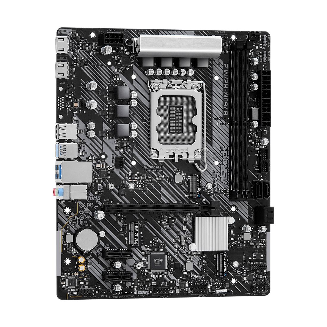 Материнская плата, ASRock, B760M-H2/M.2 (4710483944215), LGA1700, iB760, 2xDDR5 5200/5600/7200+(OC), 4xSATA3, 2xM.2 (PCI-E 4.0x4), Raid, 2xHDMI, 1xPCI-Ex16, 2xPCI-Ex1, mATX — фото 3