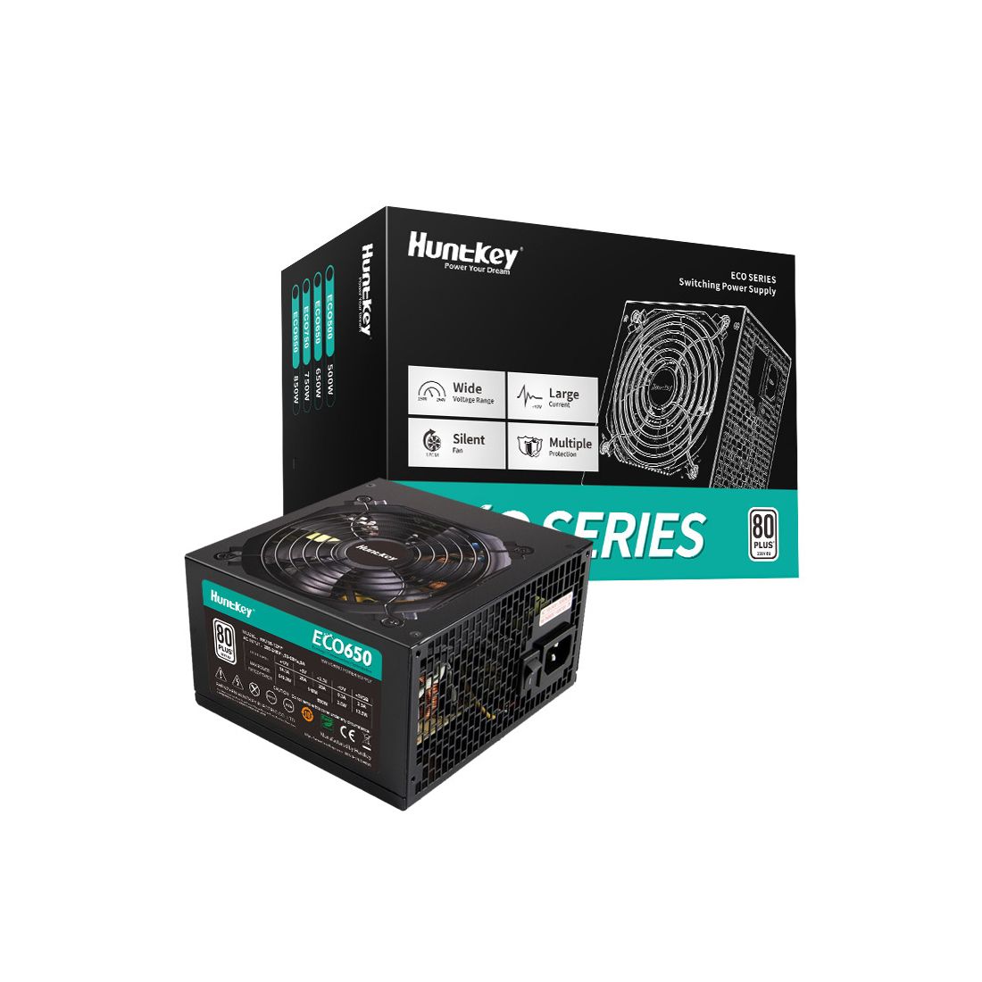Блок питания, Huntkey, ECO650, 650W, ATX, APFC, 20+4 pin, 2*4+4pin, 3*Sata, 3*Molex, 2*PCI-E 6+2 pin, Вентилятор 12см, Кабель питания, Чёрный — фото 3