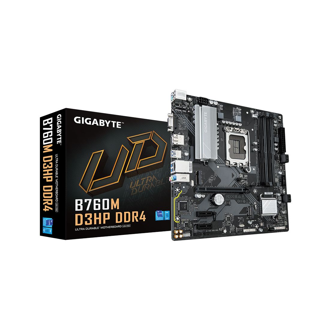 Материнская плата, Gigabyte, B760M D3HP DDR4 (4719331862848), LGA1700, iB760, 4xDDR4 2666/2933/3000/3200/5333(OC), 4xSATA3, 2xM.2 (PCI-E 4.0x4/x2), Raid, 1xD-Sub, 1хDP, 1xHDMI, 1xPCI-Ex16, 2xPCI-Ex1, mATX — фото 1