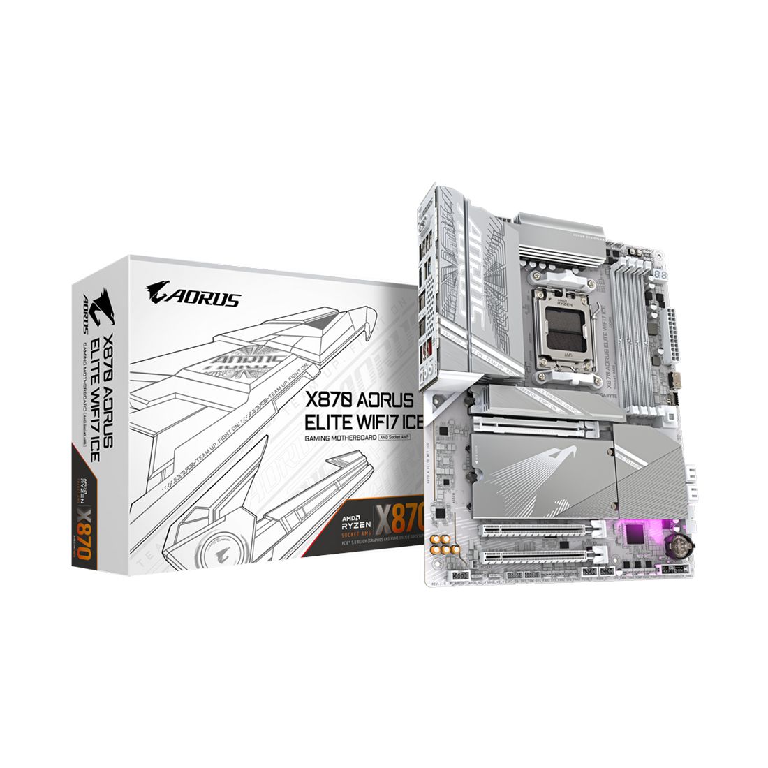Материнская плата, Gigabyte, X870 AORUS ELITE WIFI7 ICE (4719331864682), AM5, X870, 4xDDR5 4400/4800/5200/8000(OC), 4xSATA3, 4xM.2 (PCIe 4.0 x4/x2), Raid, 1xHDMI, 2xUSB4 Type-C®, 3xPCI-Ex16, Wi-Fi, ATX — фото 1