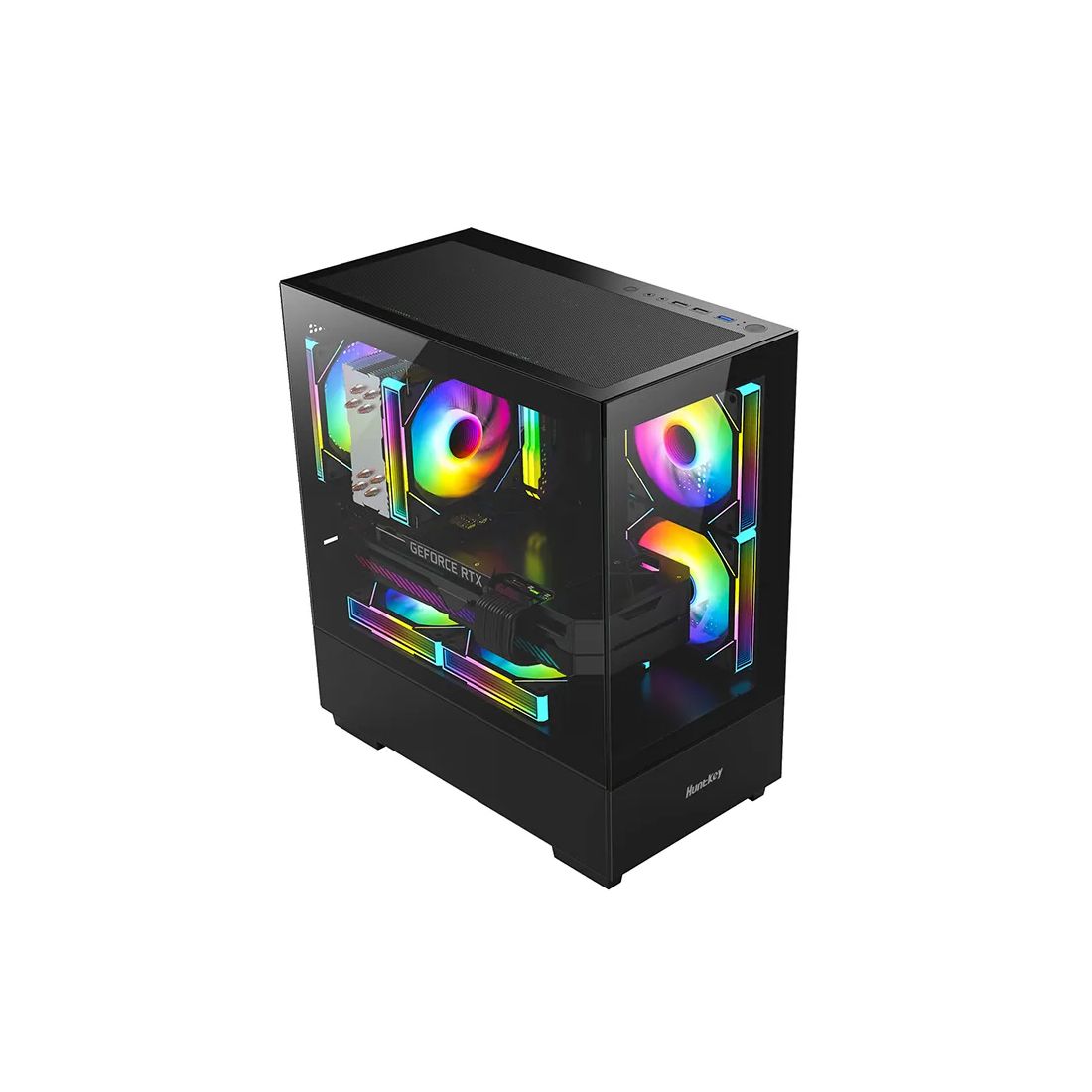 Компьютерный корпус, Huntkey, G35, Micro ATX/Mini-ITX, USB 1*3.0/2*2.0, HD-Audio+Mic, Кулер 3*12см RGB, Высота процессорного кулера до 160 мм, Длина VGA до 340мм, 1*3.5"/1*2.5", Слот 7, Толщина 0,5мм, 365x198x408мм, Без Б/П, Чёрный — фото 2