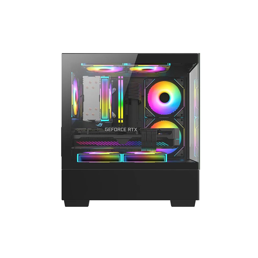 Компьютерный корпус, Huntkey, G35, Micro ATX/Mini-ITX, USB 1*3.0/2*2.0, HD-Audio+Mic, Кулер 3*12см RGB, Высота процессорного кулера до 160 мм, Длина VGA до 340мм, 1*3.5"/1*2.5", Слот 7, Толщина 0,5мм, 365x198x408мм, Без Б/П, Чёрный — фото 3