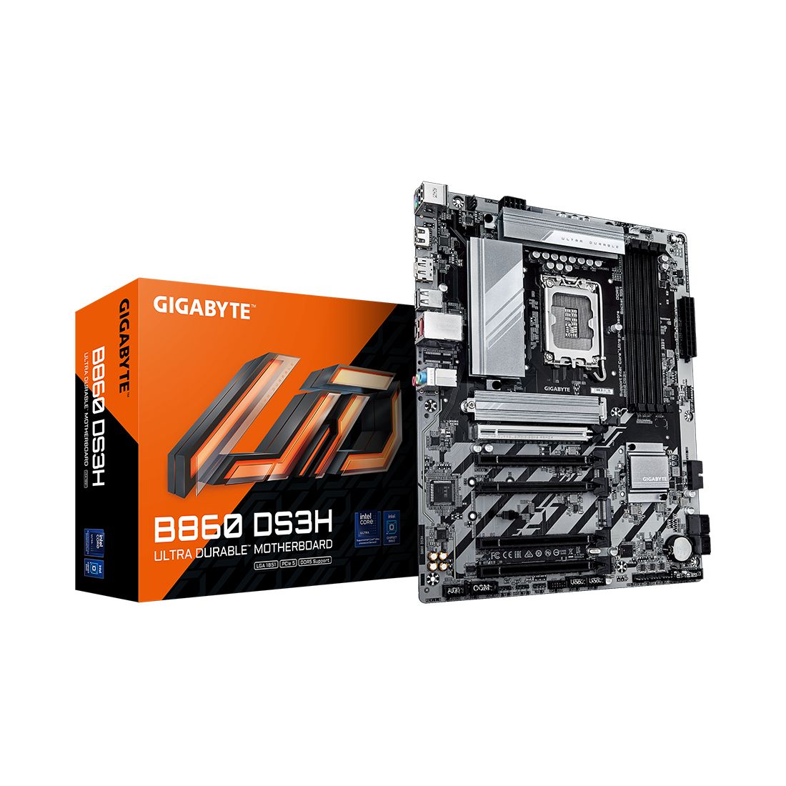 Материнская плата, Gigabyte, B860 DS3H (4719331868178), LGA1851, iB860, 4xDDR5 5600/6400/9066(OC), 4xSATA3, Raid, 2xM.2 (PCI-E 4.0x4/x2), 1хDP, 1xHDMI, 5xPCI-Ex16, ATX — фото 1