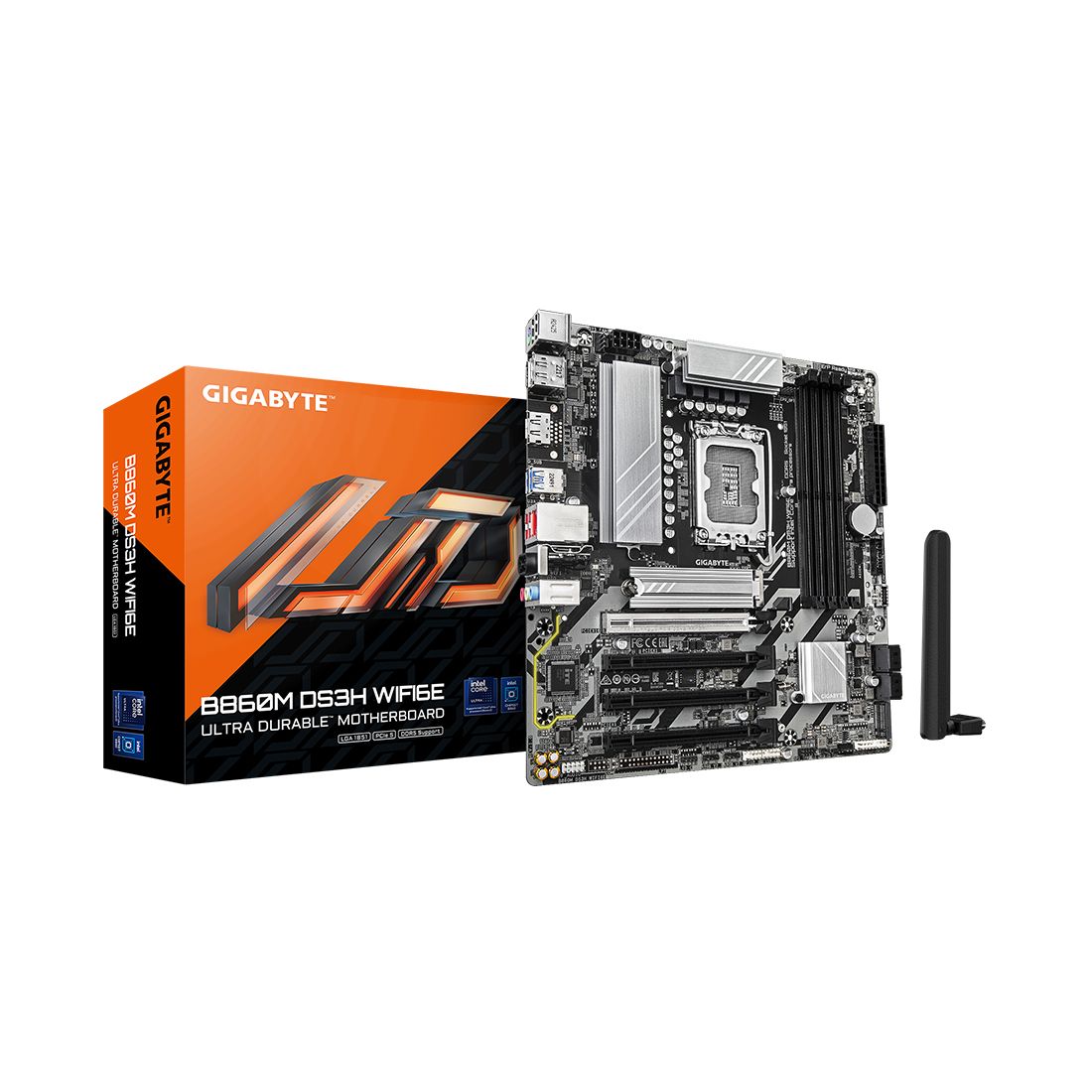 Материнская плата, Gigabyte, B860M DS3H WIFI6E (4719331866815), LGA1851, iB860, 4xDDR5 5600/6500/9066(OC), 4xSATA3, Raid, 2xM.2 (PCI-E 4.0x4/x2), 2хDP, 1xHDMI, 4xPCI-Ex16, WiFi, mATX — фото 1