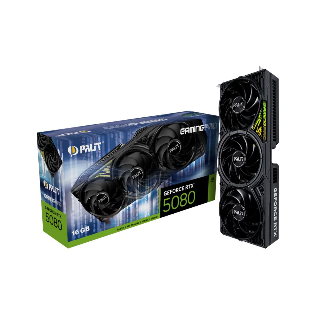 Видеокарта, PALIT, RTX 5080 GAMINGPRO 16GB (4710562244939), (NE75080019T2-GB2031A), GDDR7, 256bit, 3-DP, HDMI, 3xFan, 	331.9*127.1*60 мм, Цветная коробка — фото 3