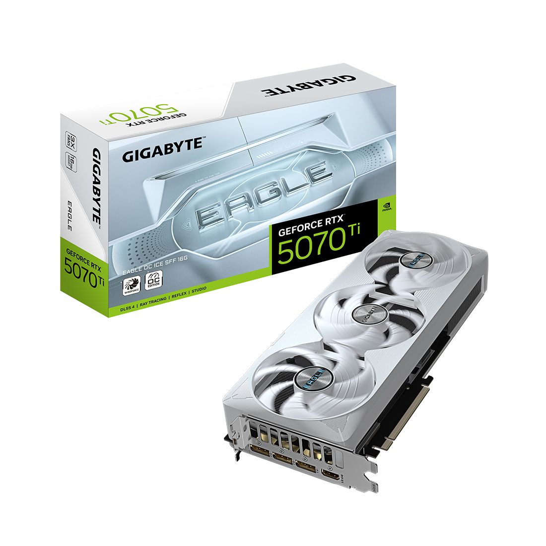 Видеокарта, Gigabyte, RTX5070Ti EAGLE OC ICE SFF 16G (GV-N507TEAGLEOC ICE-16GD) 4719331355869, GDDR7, 256bit, 1-HDMI, 3-DP, Windforce 3X Fan, 304*126*50 мм, Цветная коробка — фото 3