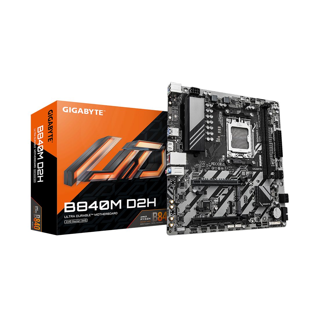 Материнская плата, Gigabyte, B840M D2H (4719331868116), AM5, B840, 2xDDR5 4400/4800/5200/7600(OC), 4xSATA3, Raid, 2xM.2 (1*PCI-E 4.0x4/x2, 1*PCI-E 3.0x2), 1xHDMI, 2xPCI-Ex16, mATX — фото 1