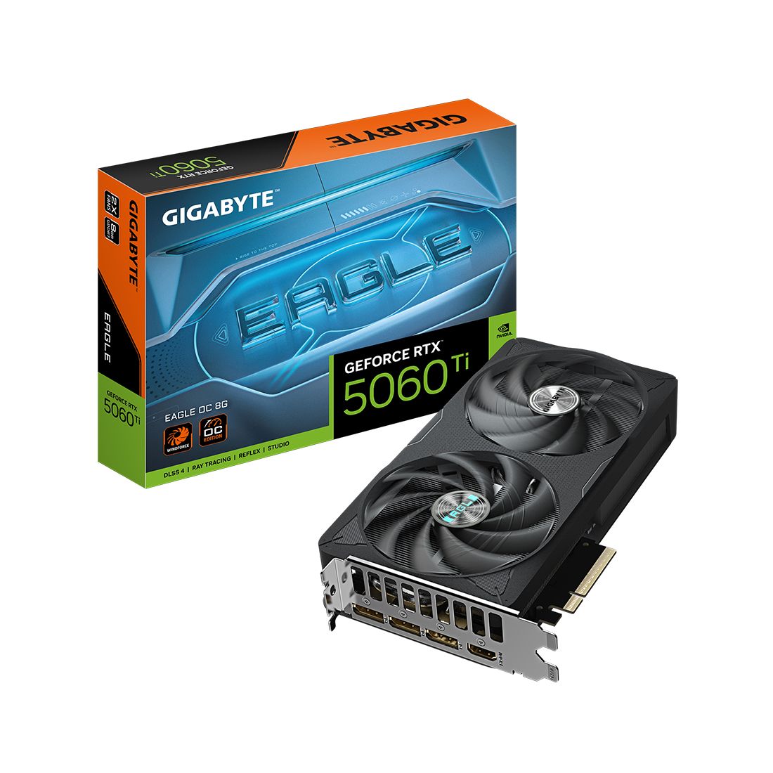 Видеокарта, Gigabyte, RTX5060Ti EAGLE OC-8G (GV-N506TEAGLE OC-8GD) 4719331356101, GDDR7, 128bit, 1-HDMI, 3-DP, Windforce 2X Fan, 215*122*40 мм, Цветная коробка — фото 3