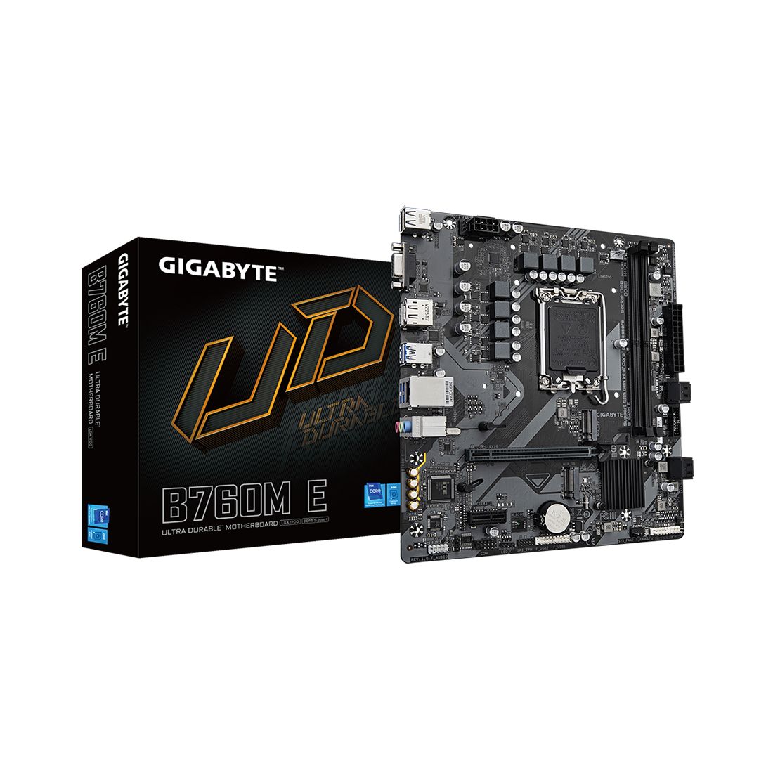 Материнская плата, Gigabyte, B760M E (4719331856052), LGA1700, iB760, 2xDDR5 4000/4800/7200(OC), 4xSATA3, 2xM.2 (PCI-E 4.0x4/x2), Raid, 1xD-Sub, 1хDP, 1xHDMI, 1xPCI-Ex16, 1xPCI-Ex1, mATX — фото 1