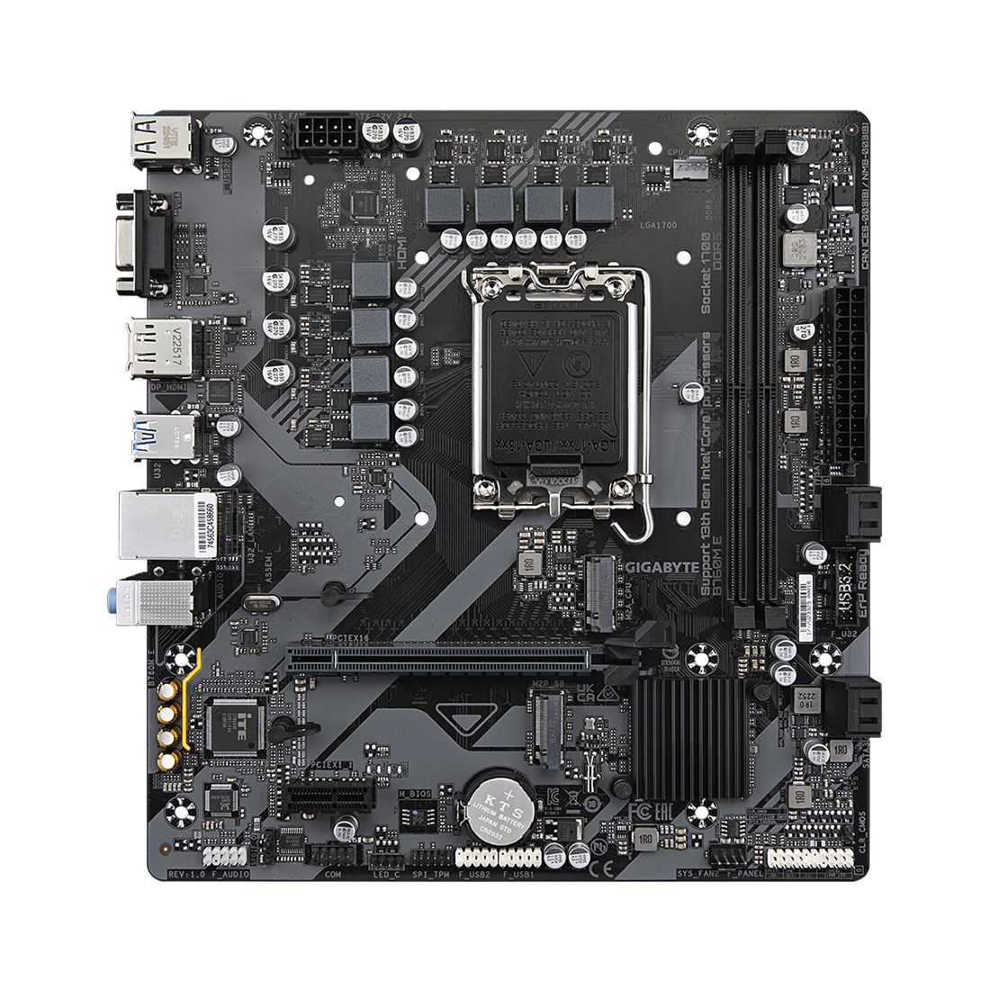 Материнская плата, Gigabyte, B760M E (4719331856052), LGA1700, iB760, 2xDDR5 4000/4800/7200(OC), 4xSATA3, 2xM.2 (PCI-E 4.0x4/x2), Raid, 1xD-Sub, 1хDP, 1xHDMI, 1xPCI-Ex16, 1xPCI-Ex1, mATX — фото 2