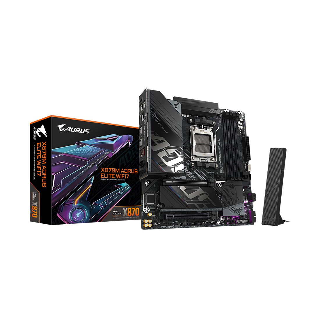 Материнская плата, Gigabyte, X870M AORUS ELITE WIFI7 (4719331874346), AM5, X870, 4xDDR5 4400/4800/5200/8200(OC), 2xSATA3, 2xM.2 (1*PCIe 4.0 x4/x2, 1*PCIe 5.0 x4/x2), Raid, 1xHDMI, 2xUSB4 Type-C®, 2xPCI-Ex16, Wi-Fi, mATX — фото 1