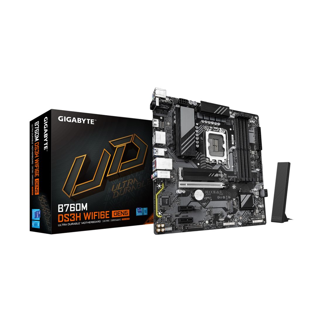 Материнская плата, Gigabyte, B760M DS3H WIFI6E GEN5 (4719331872809), LGA1700, iB760, 4xDDR5 4400/4800/5200/5600/7600(OC), 4xSATA3, 2xM.2 (PCI-E 4.0x4/x2), Raid, 2хDP, 1xHDMI, 3xPCI-Ex16, WiFi, mATX — фото 1