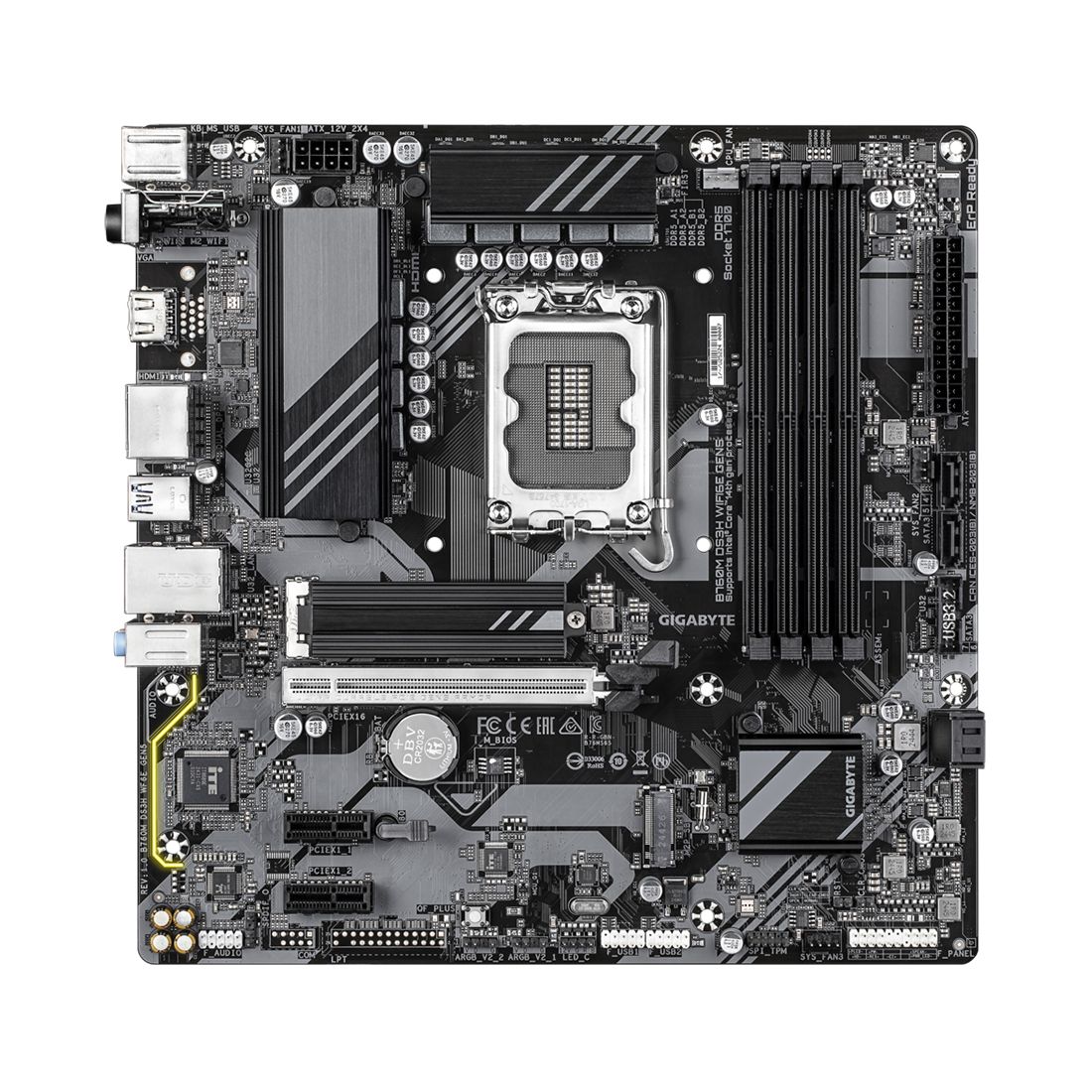 Материнская плата, Gigabyte, B760M DS3H WIFI6E GEN5 (4719331872809), LGA1700, iB760, 4xDDR5 4400/4800/5200/5600/7600(OC), 4xSATA3, 2xM.2 (PCI-E 4.0x4/x2), Raid, 2хDP, 1xHDMI, 3xPCI-Ex16, WiFi, mATX — фото 2