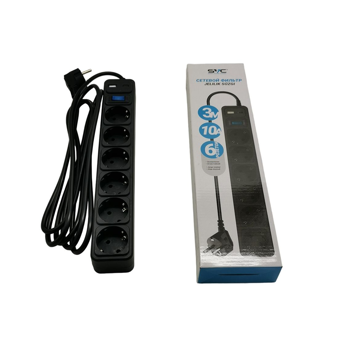 Сетевой фильтр, SVC, ZC6S-30M-USB/TypeC, 6 розеток, 3 метра, один USB-порт и один Type-C-порт, 220–250 В, 10 A, картонная коробка, чёрный — фото 2